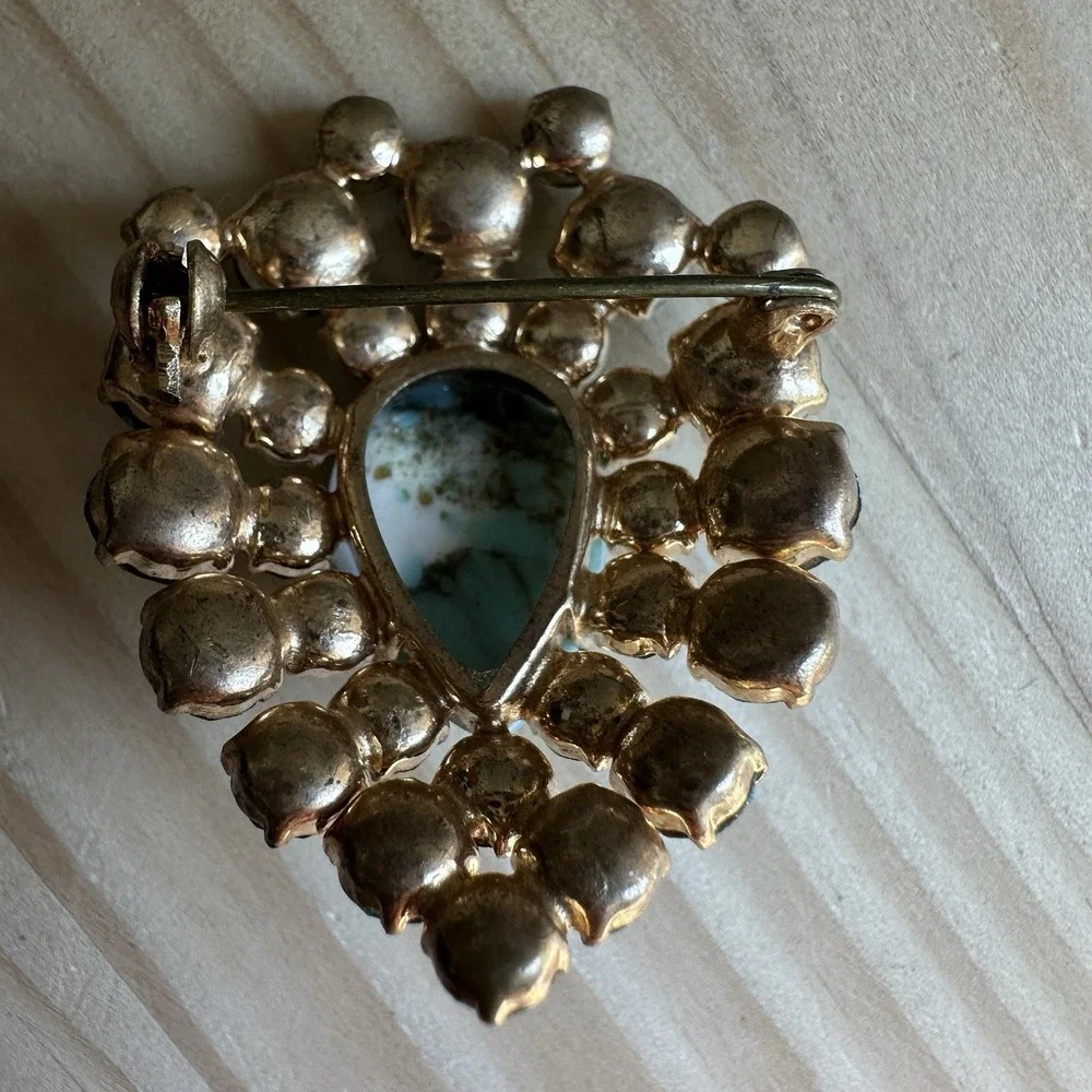 VTG 1950s Pin Brooch 1.5 Inch MCM Turquoise Marble Glass‎ Blue Rhinestone Gold